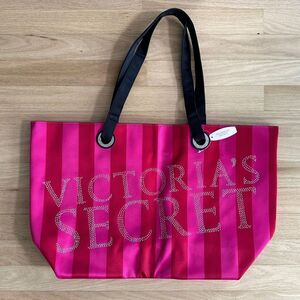 Victoria's Secret Pink Striped Tote Bag NWD Rhinestone Logo Satin Shoulder Bag